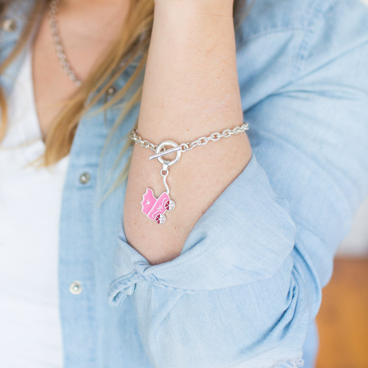 Silver Pink Stroller Charm Toggle Bracelet