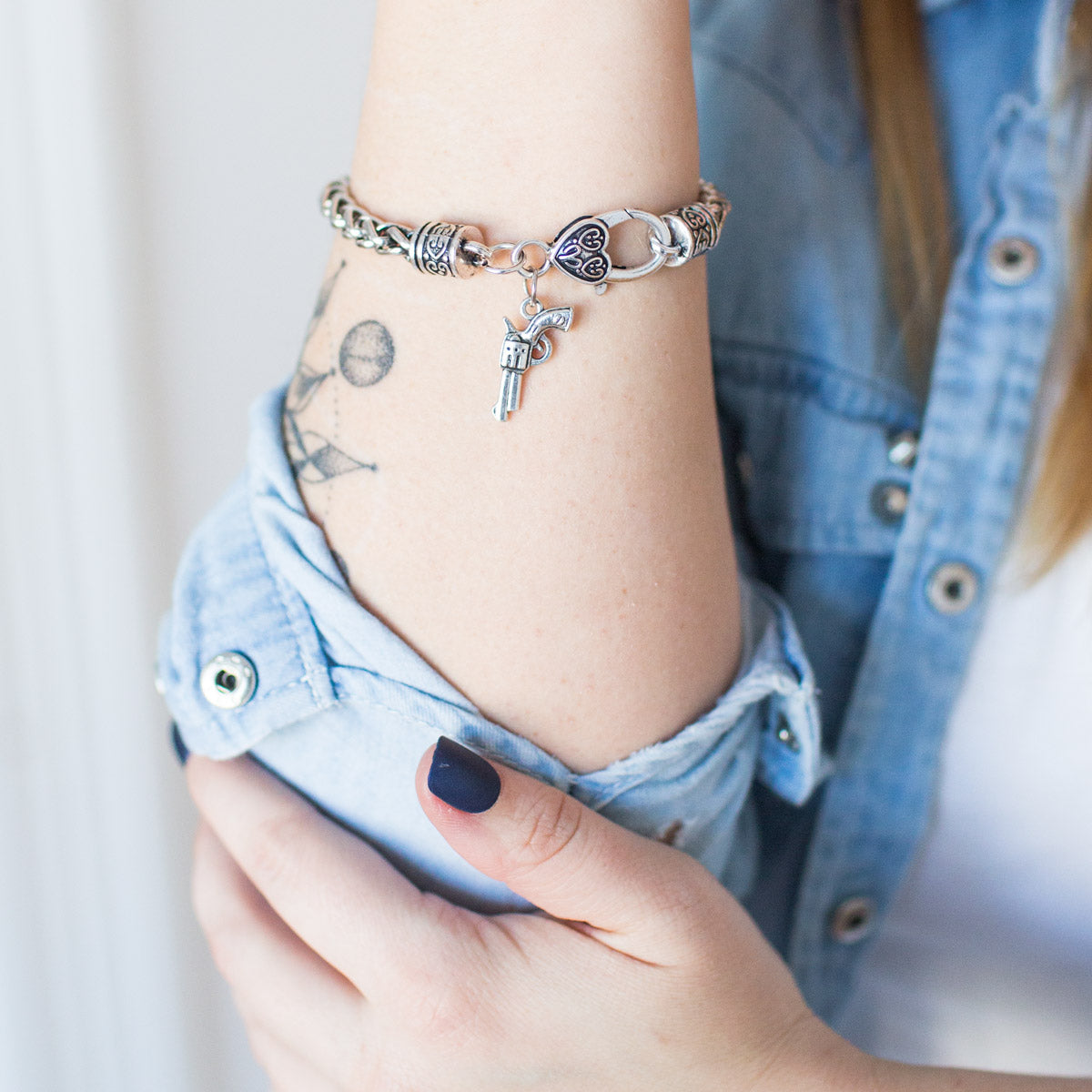 Silver Revolver Charm Braided Bracelet