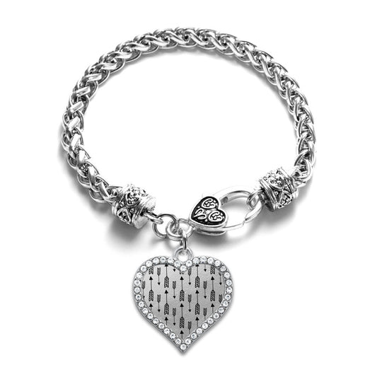 Silver Arrow Pattern Open Heart Charm Toggle Bracelet