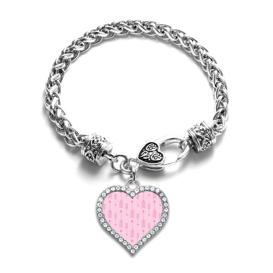 Silver Arrow Pattern Pink Open Heart Charm Braided Bracelet