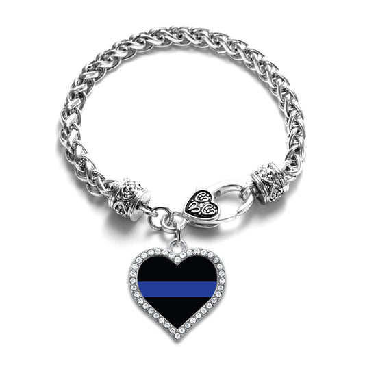 Silver Thin Blue Line - Police Support Open Heart Charm Braided Bracelet