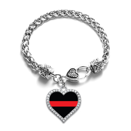 Silver Thin Red Line - Firefighter Support Open Heart Charm Braided Bracelet