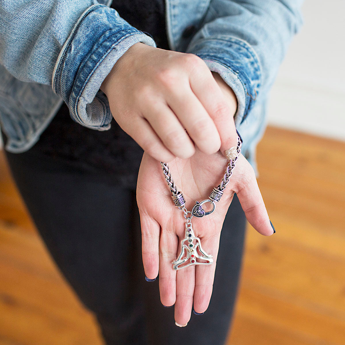 Silver Yoga Chakras Charm Braided Bracelet