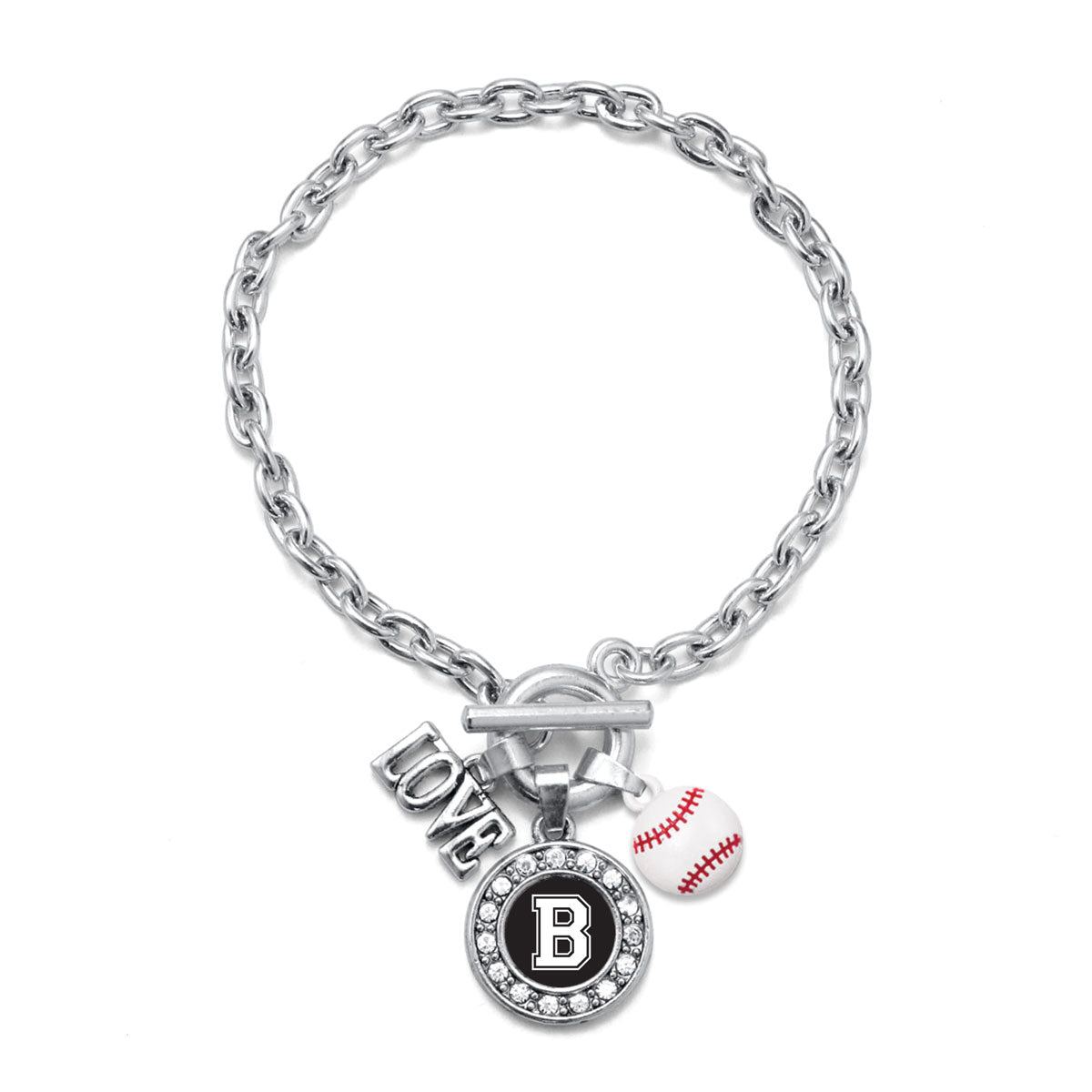 Silver Baseball - Sports Initial B Circle Charm Toggle Bracelet