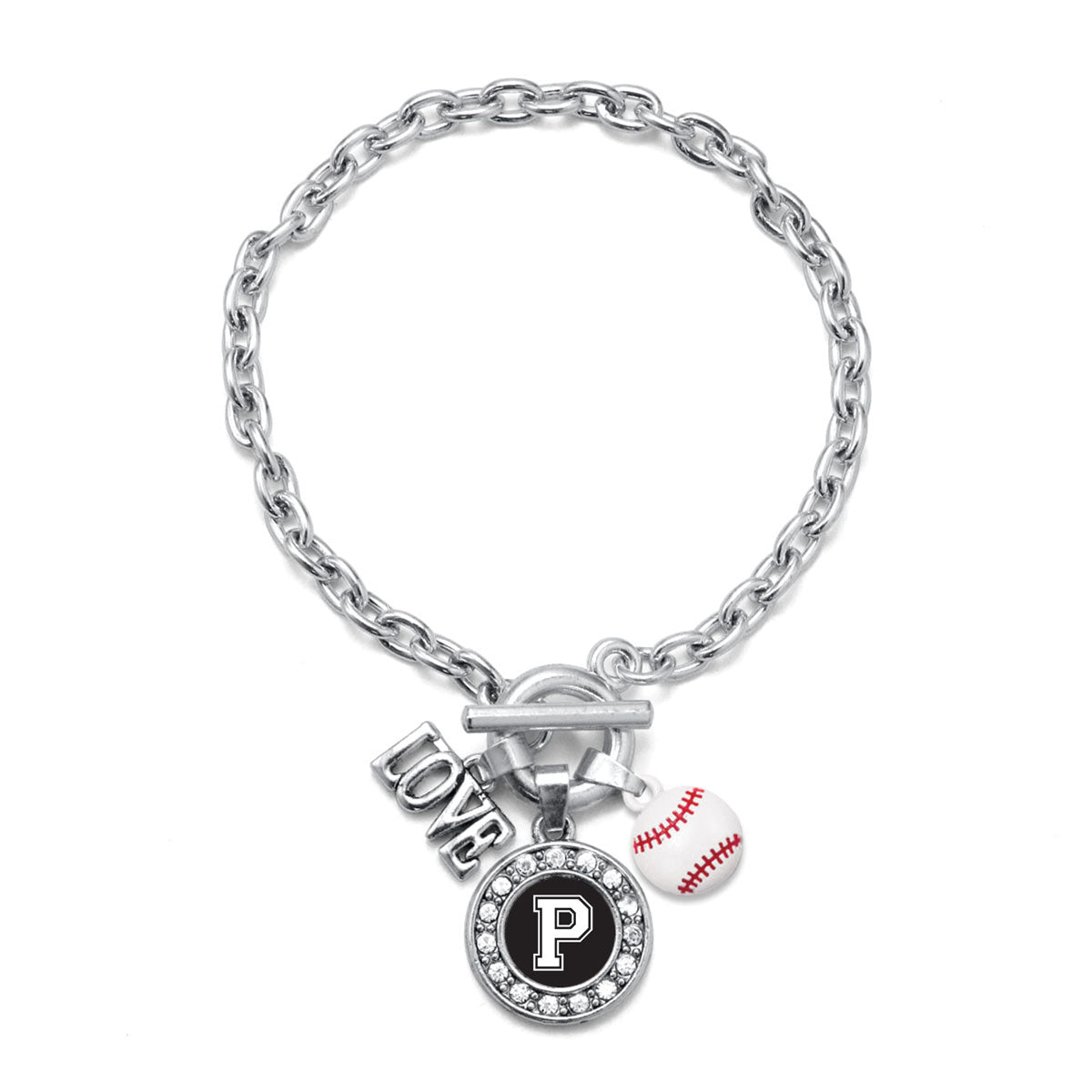 Silver Baseball - Sports Initial P Circle Charm Toggle Bracelet