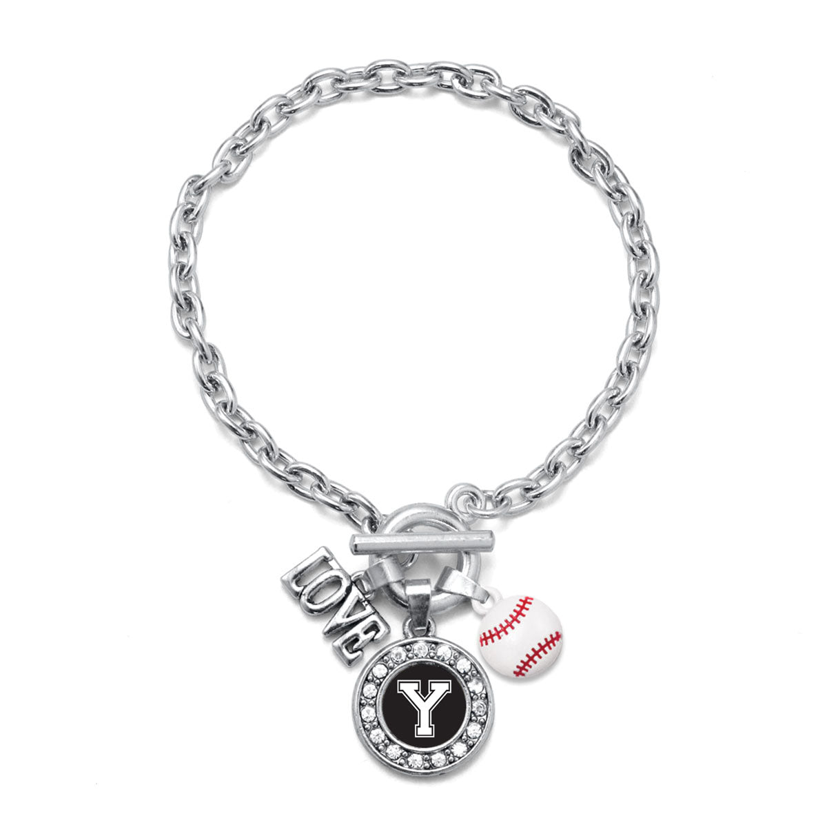 Silver Baseball - Sports Initial Y Circle Charm Toggle Bracelet