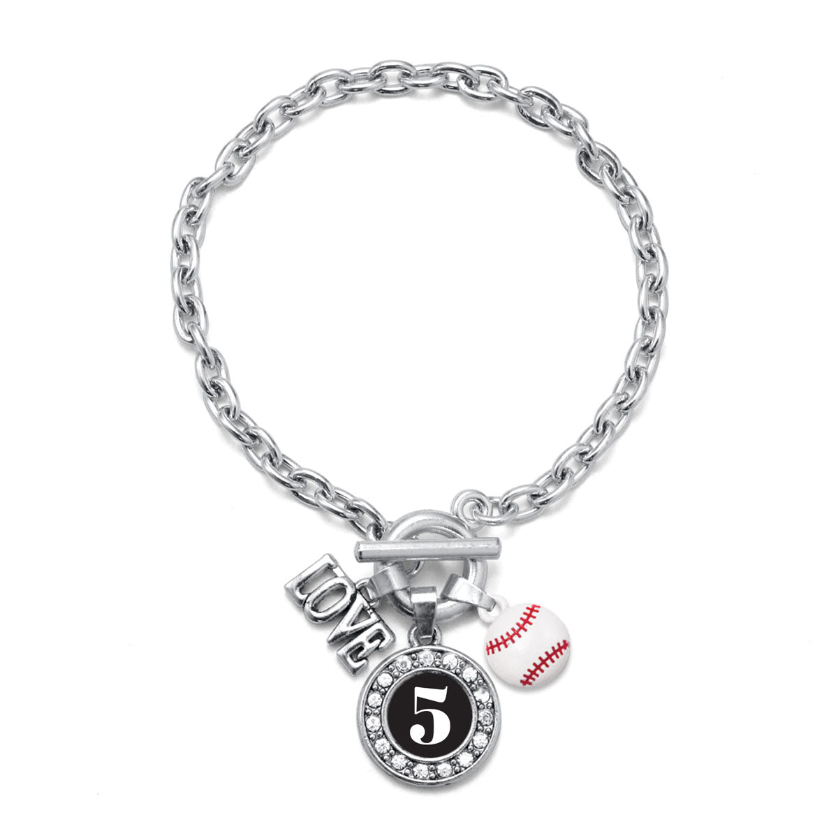 Silver Baseball - Sports Number 5 Circle Charm Toggle Bracelet