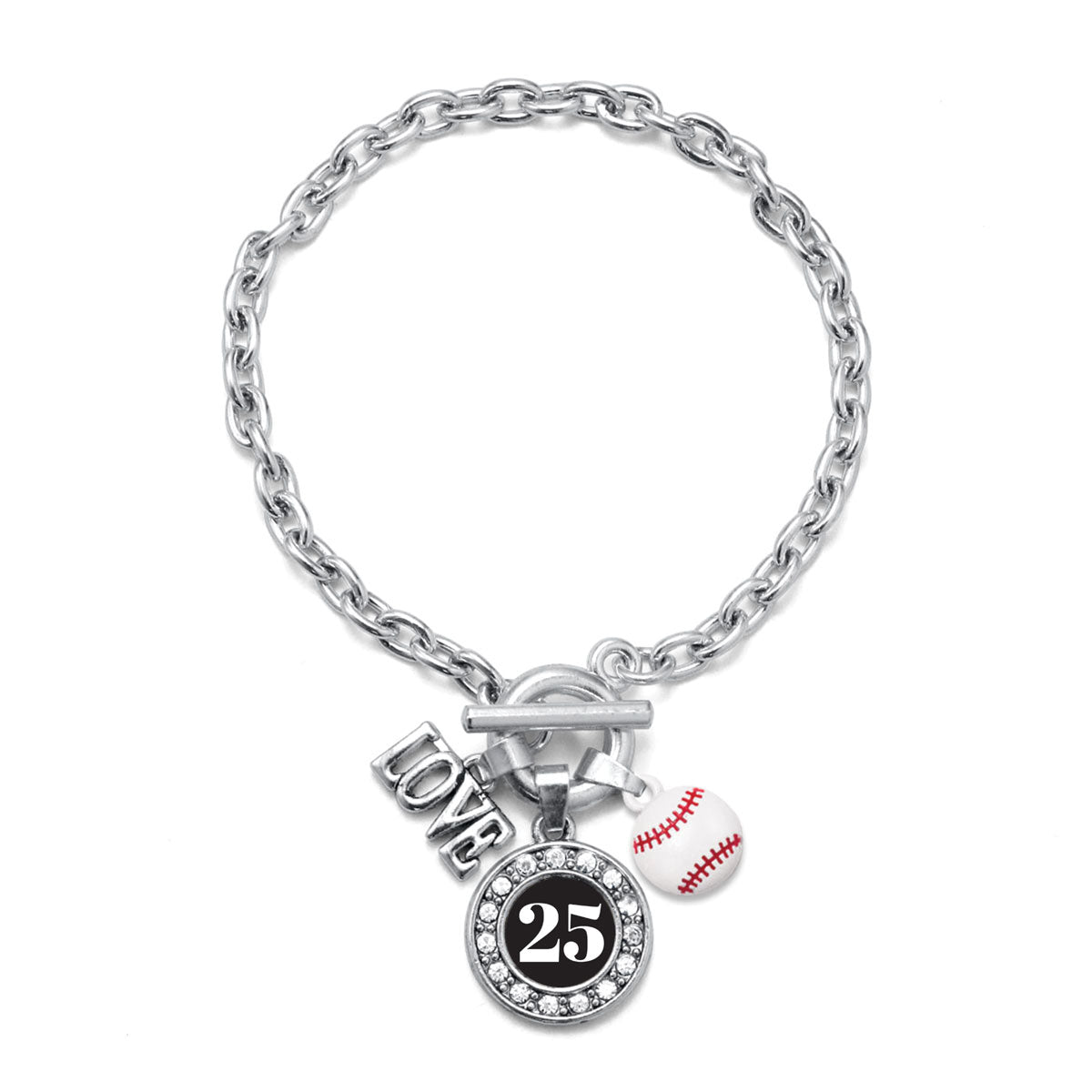Silver Baseball - Sports Number 25 Circle Charm Toggle Bracelet