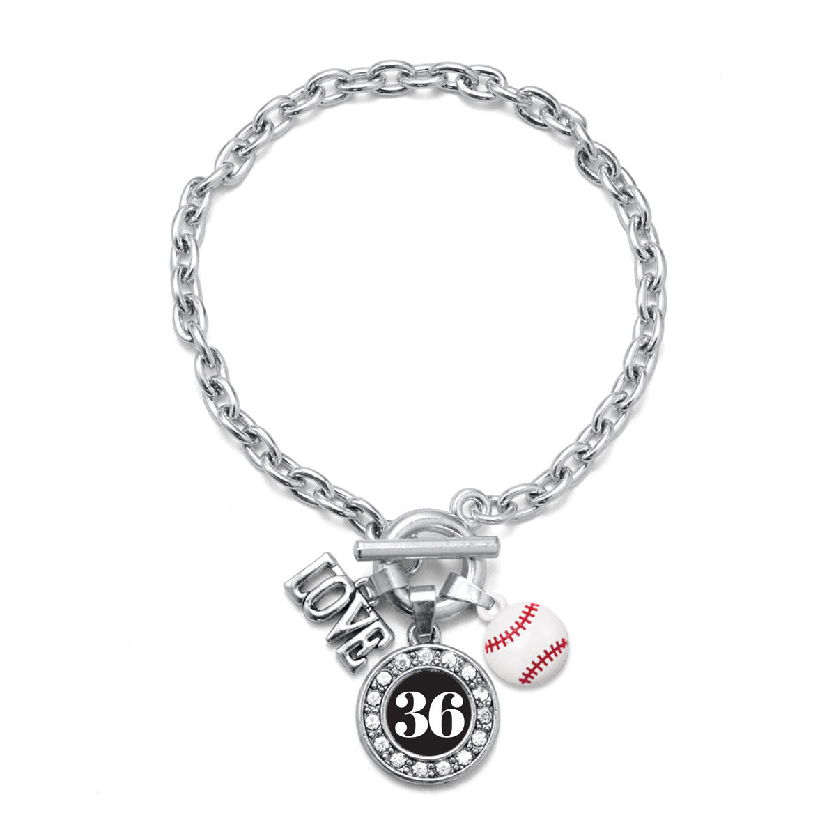 Silver Baseball - Sports Number 36 Circle Charm Toggle Bracelet