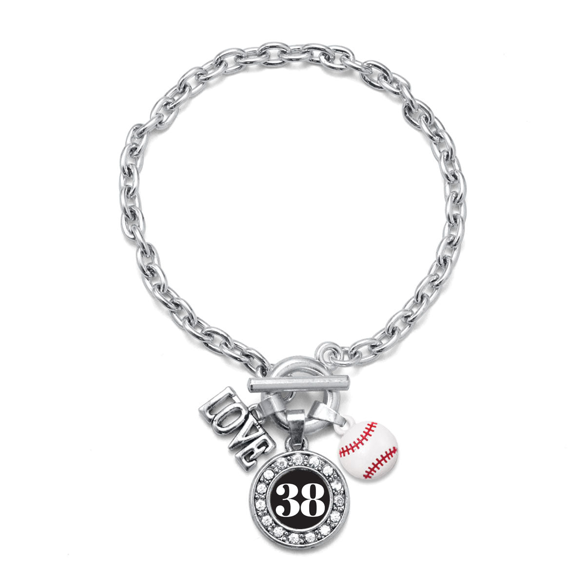 Silver Baseball - Sports Number 38 Circle Charm Toggle Bracelet