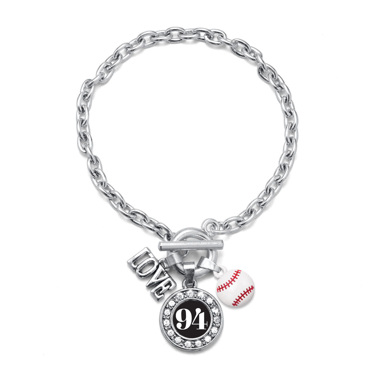 Silver Baseball - Sports Number 94 Circle Charm Toggle Bracelet