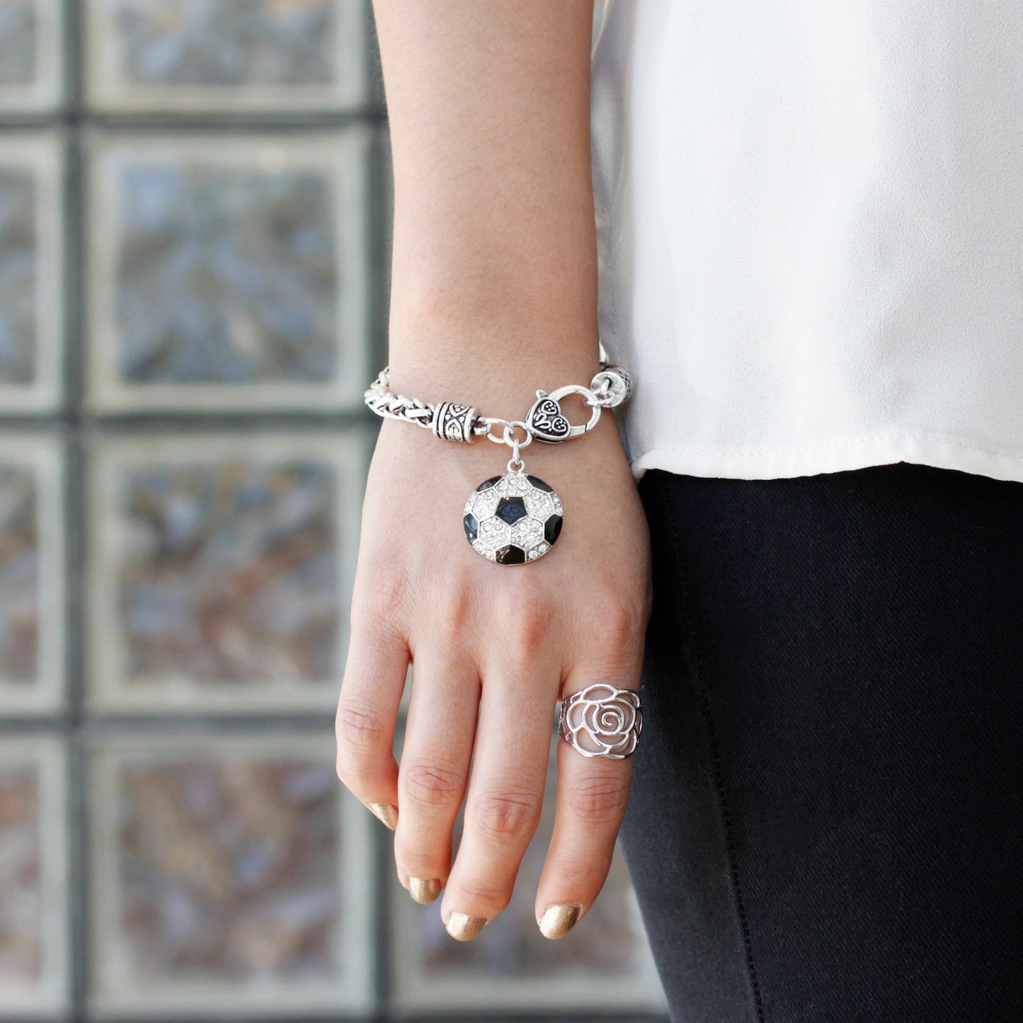 Silver Soccer Ball Charm Braided Bracelet