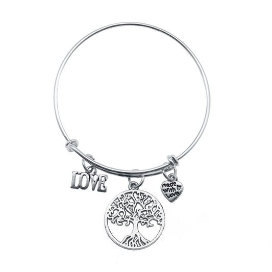 Silver Tree Of Life Charm Wire Bangle Bracelet