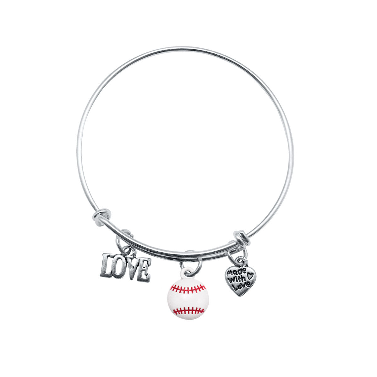 Silver Petite Baseball Charm Wire Bangle Bracelet