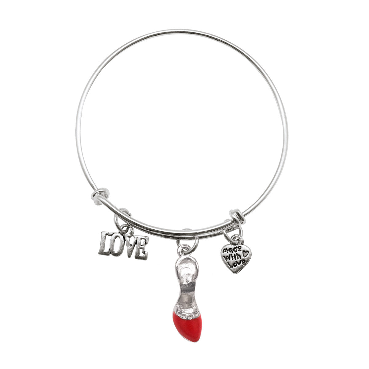 Silver Red Heel Shoe Charm Wire Bangle Bracelet