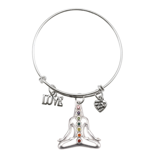 Silver Yoga Chakras Charm Wire Bangle Bracelet