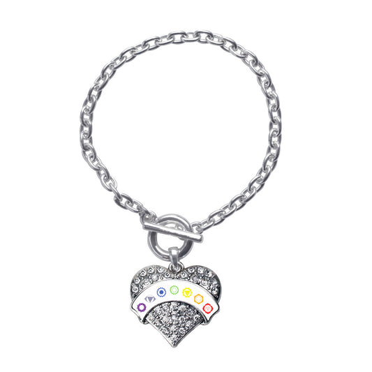 Silver Chakra Symbols - White Banner Pave Heart Charm Toggle Bracelet