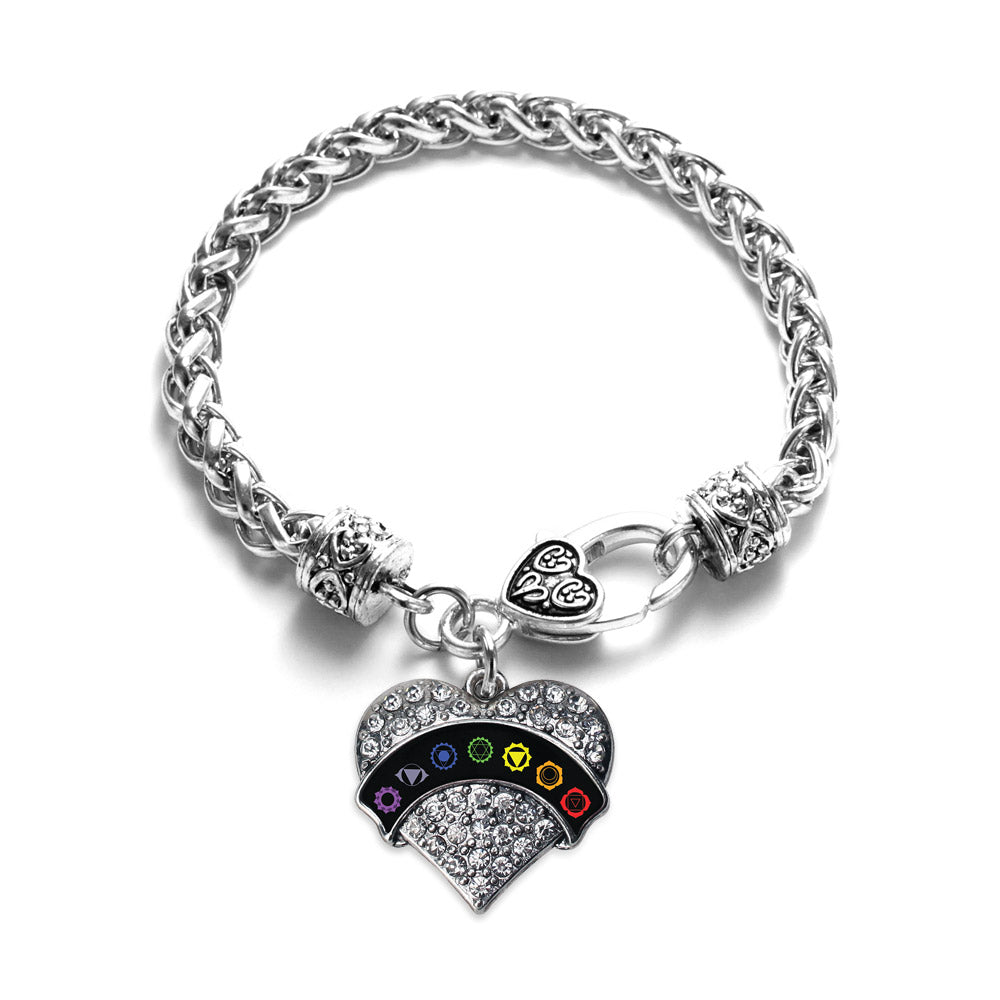 Silver Chakra Symbols - Black Banner Pave Heart Charm Braided Bracelet