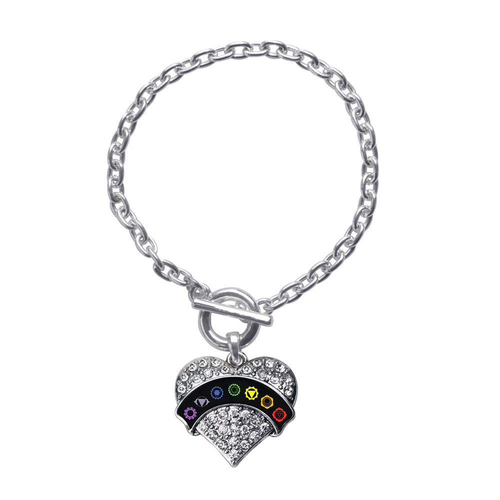 Silver Chakra Symbols - Black Banner Pave Heart Charm Toggle Bracelet