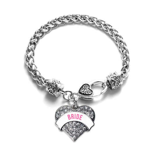 Silver White Banner Bride Pave Heart Charm Braided Bracelet