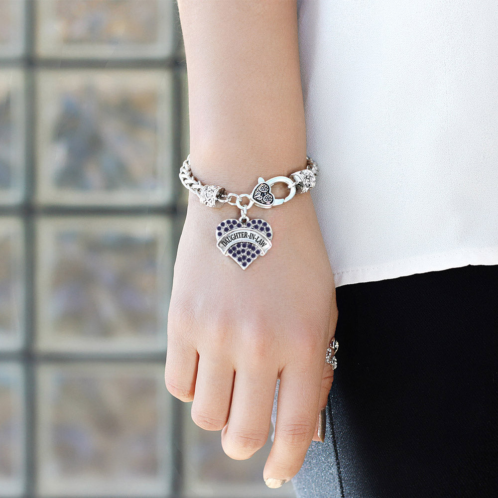Silver Daughter-In-Law Blue Pave Heart Charm Braided Bracelet