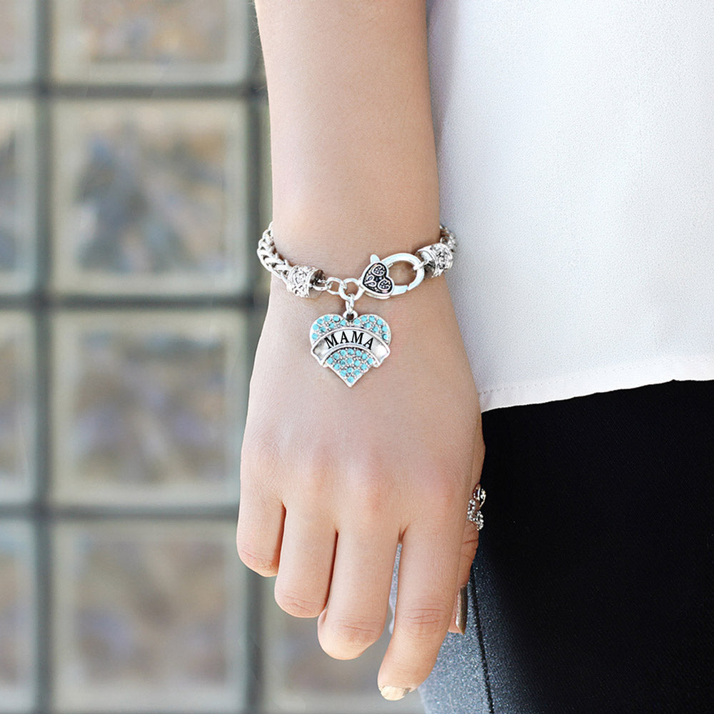 Silver Mama Aqua Pave Heart Charm Braided Bracelet