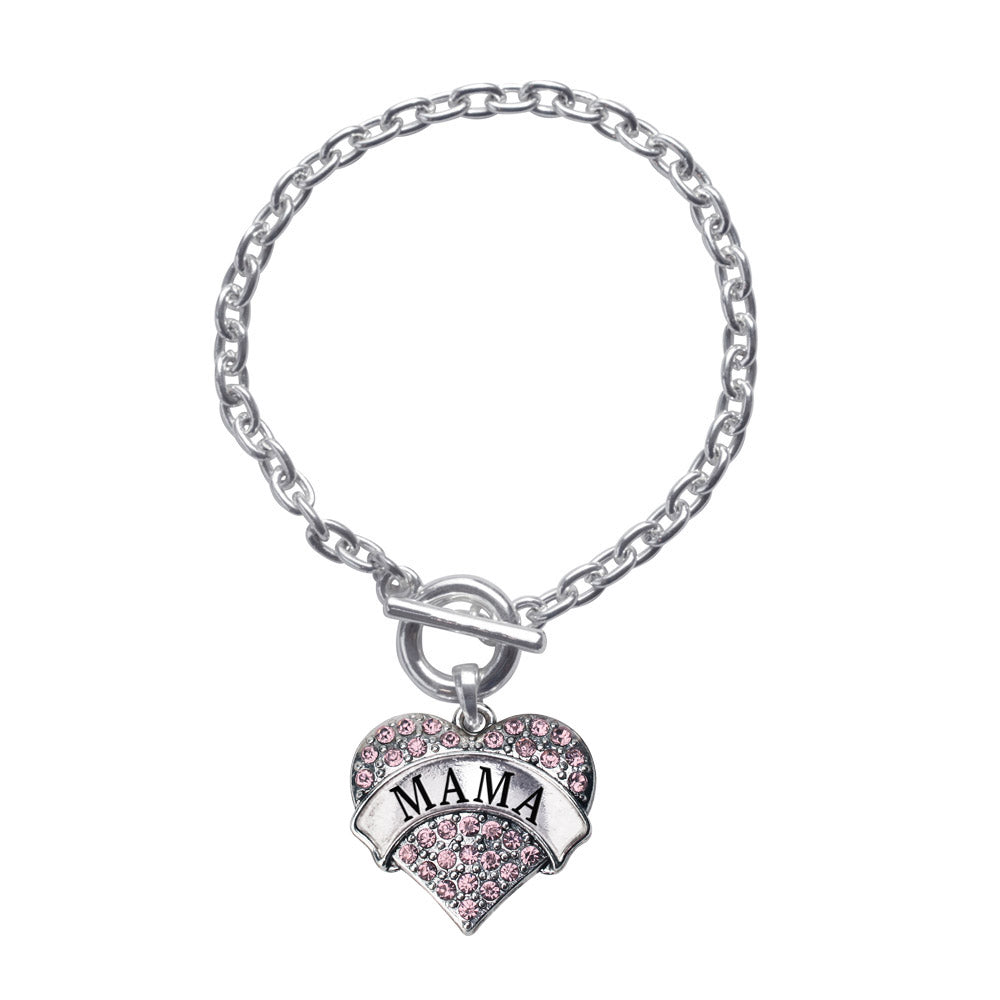 Silver Mama Pink Pave Heart Charm Toggle Bracelet