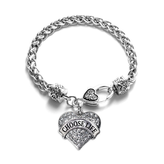 Silver Choose Life Pave Heart Charm Braided Bracelet