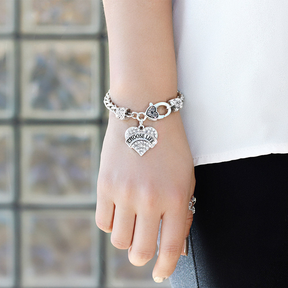 Silver Choose Life Pave Heart Charm Braided Bracelet