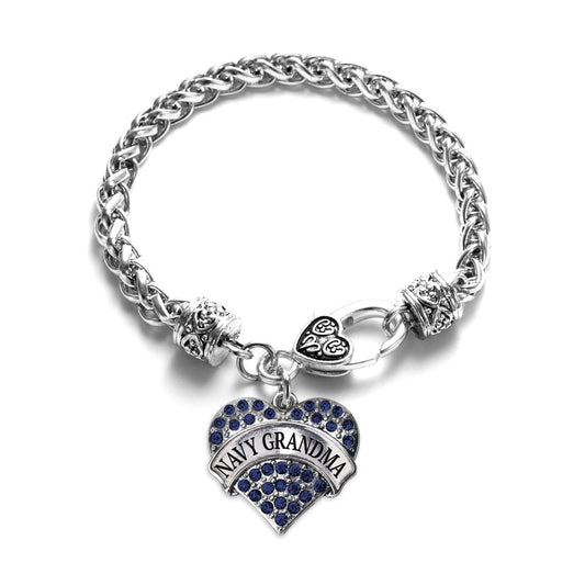 Silver Navy Grandma Blue Pave Heart Charm Braided Bracelet