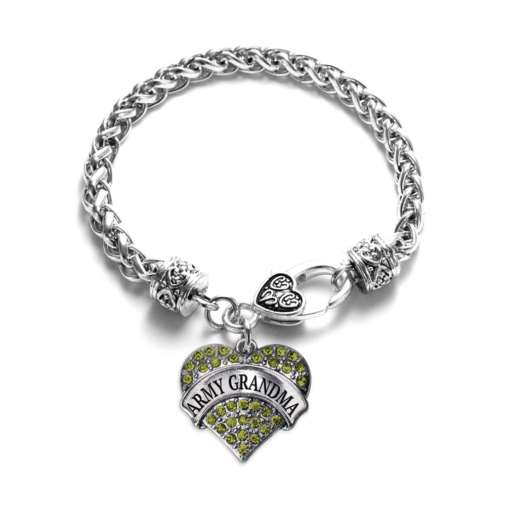 Silver Army Grandma Green Pave Heart Charm Braided Bracelet