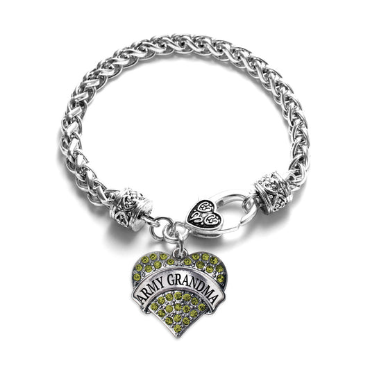 Silver Army Grandma Green Pave Heart Charm Braided Bracelet