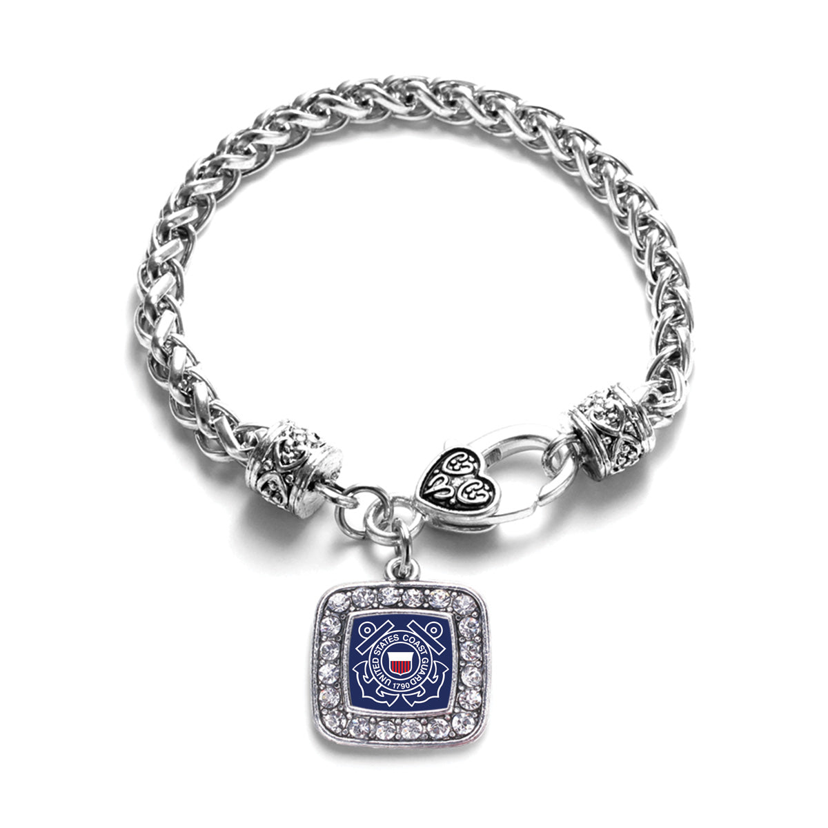 Silver Coast Guard Symbol Square Charm Braided Bracelet