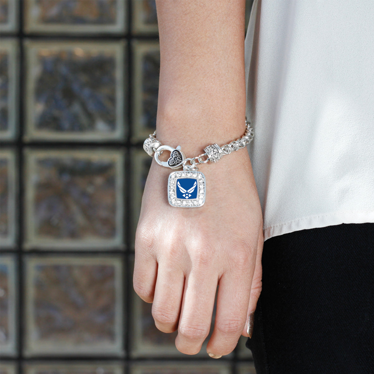 Silver Air Force Symbol Square Charm Braided Bracelet