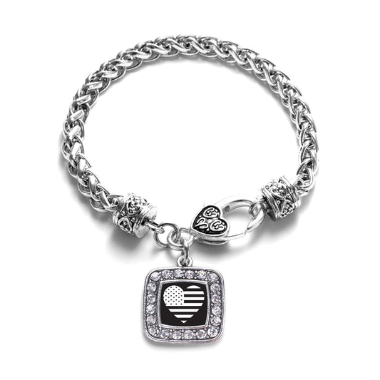 Silver Black and White USA Flag Heart Square Charm Braided Bracelet