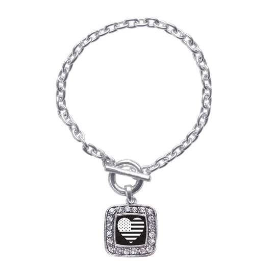 Silver Black and White USA Flag Heart Square Charm Toggle Bracelet