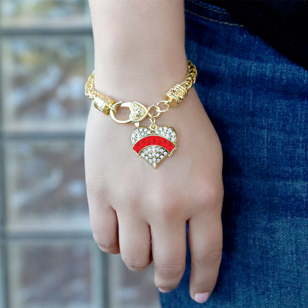 Gold Red Ribbon Support Pave Heart Charm Braided Bracelet