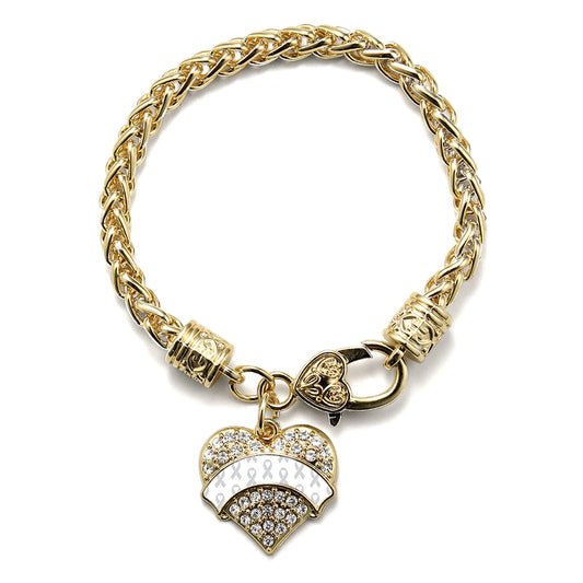 Gold White Ribbon Support Pave Heart Charm Braided Bracelet