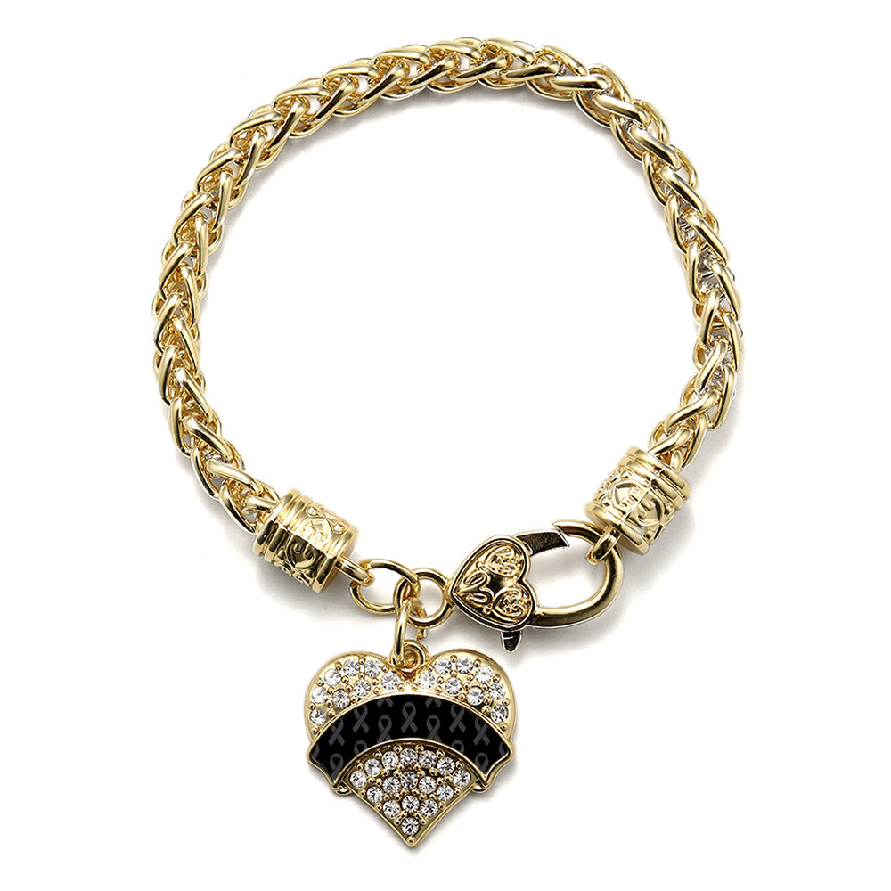 Gold Black Ribbon Support Pave Heart Charm Braided Bracelet