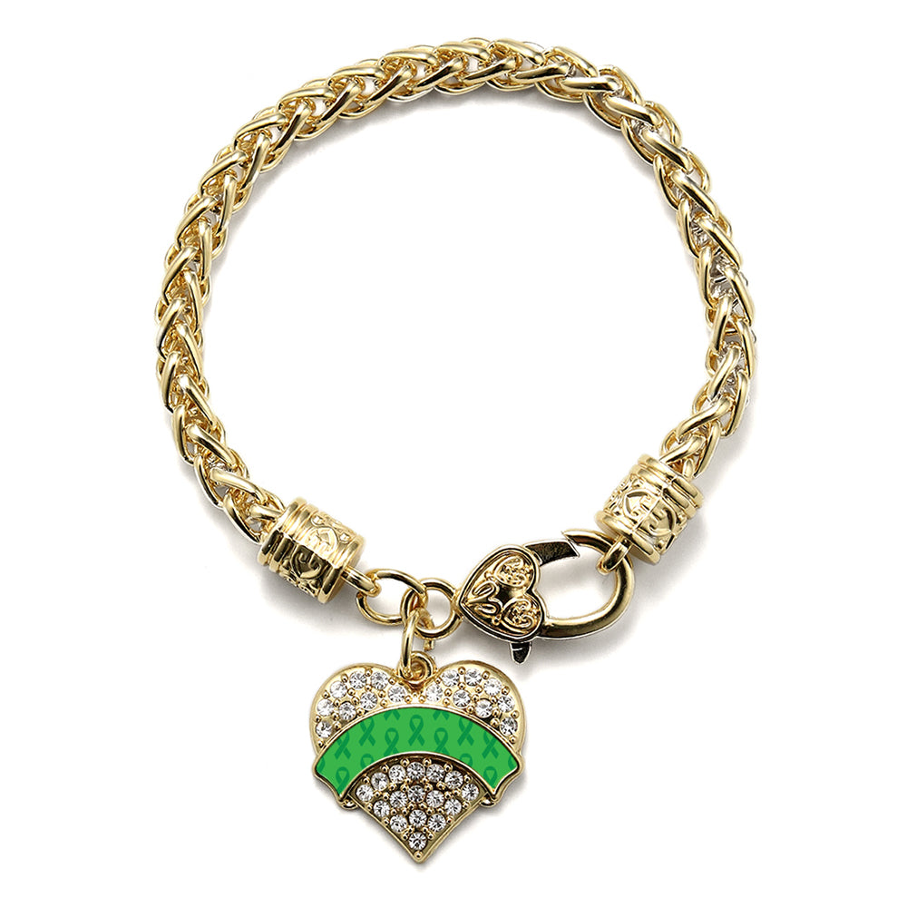 Gold Green Ribbon Support Pave Heart Charm Braided Bracelet