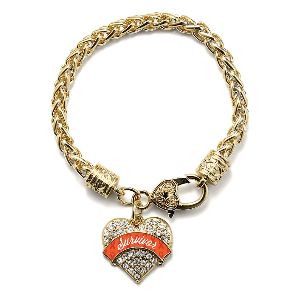 Gold Orange Survivor Pave Heart Charm Braided Bracelet