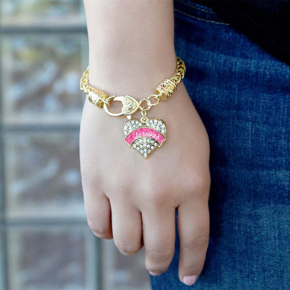Gold Pink Survivor Pave Heart Charm Braided Bracelet