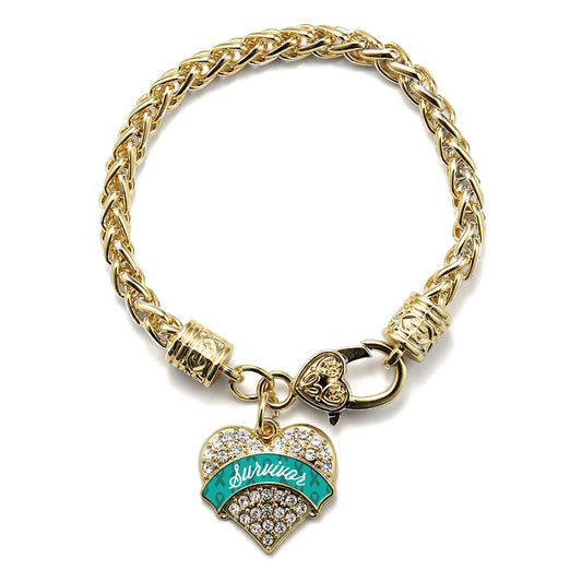 Gold Teal Survivor Pave Heart Charm Braided Bracelet