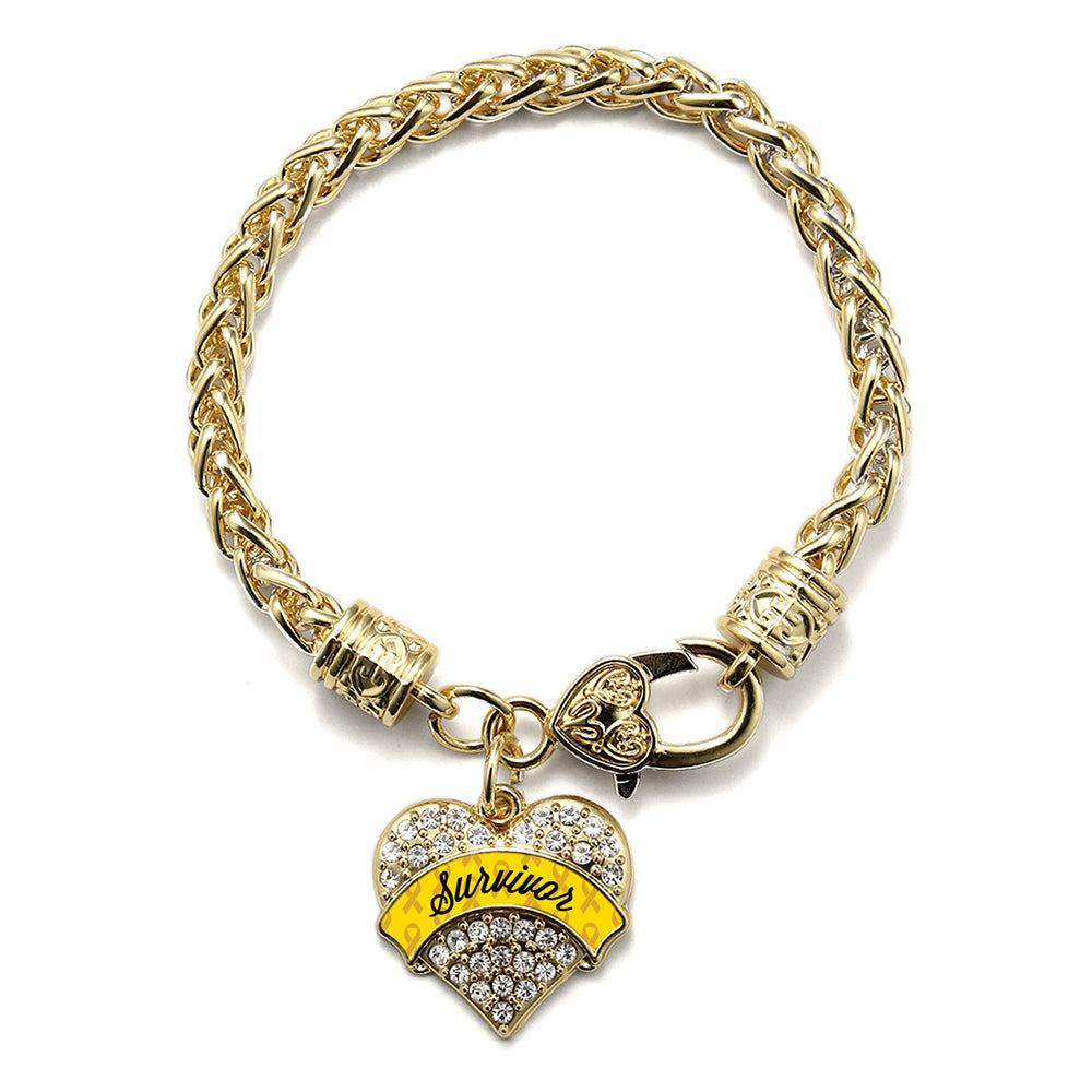 Gold Yellow Survivor Pave Heart Charm Braided Bracelet