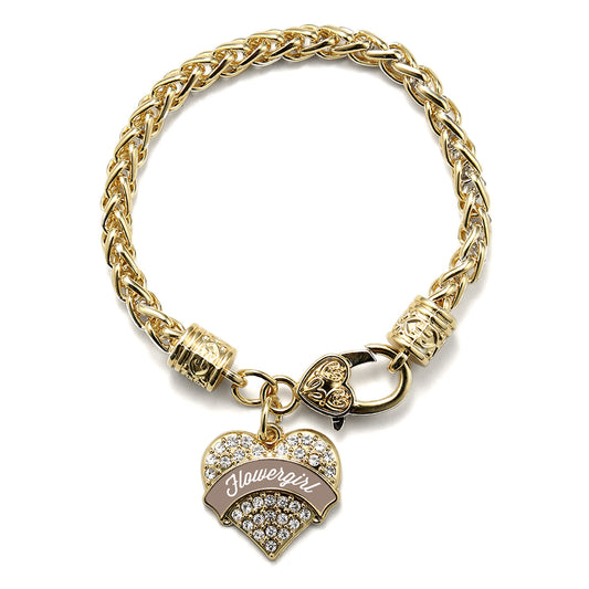 Gold Brown and White Flower Girl Pave Heart Charm Braided Bracelet