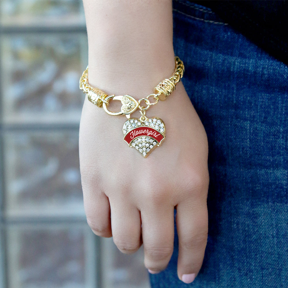 Gold Crimson Red Flower Girl Pave Heart Charm Braided Bracelet