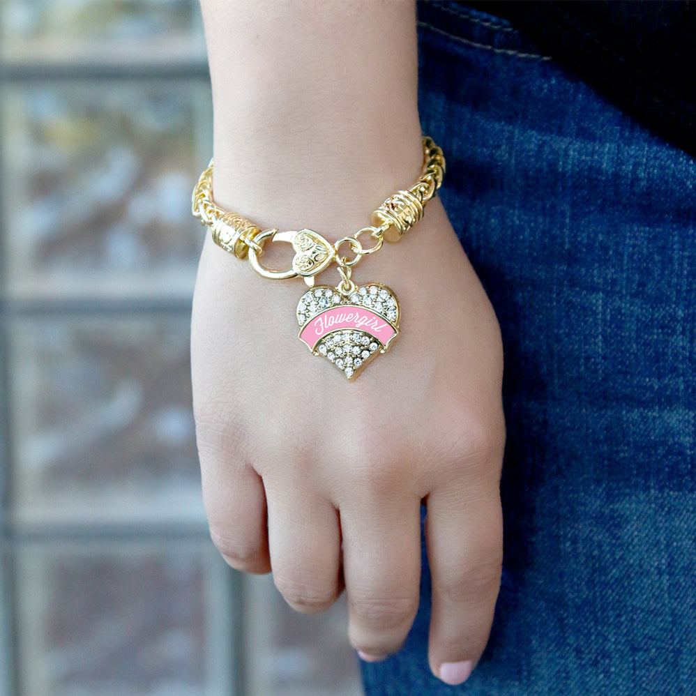 Gold Light Pink Flower Girl Pave Heart Charm Braided Bracelet