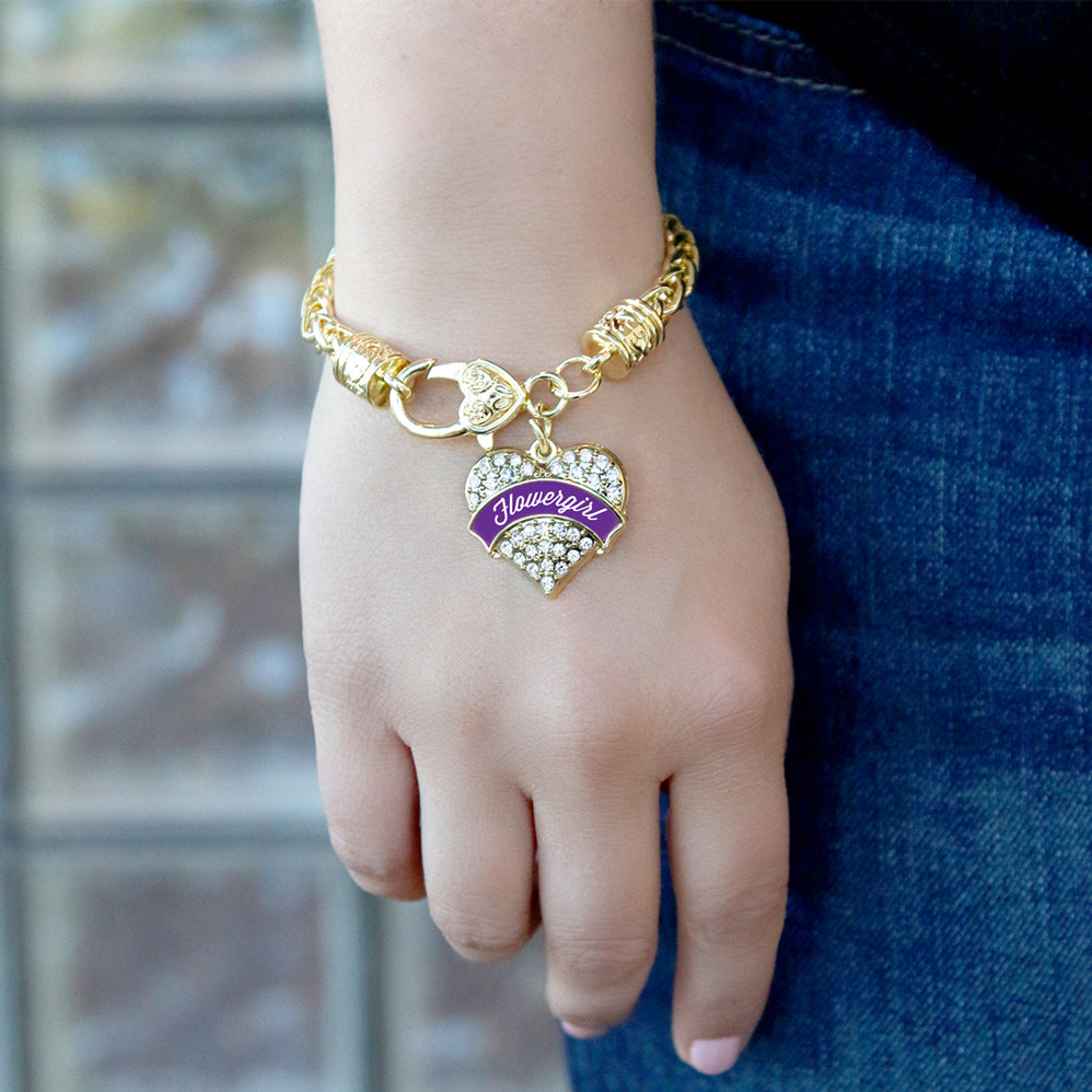 Gold Purple Flower Girl Pave Heart Charm Braided Bracelet