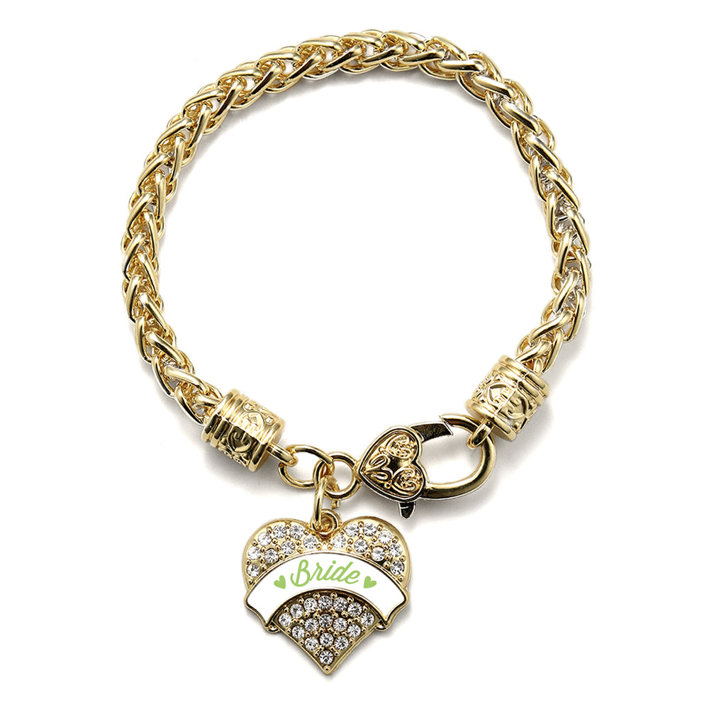 Gold Sage Green Bride Pave Heart Charm Braided Bracelet