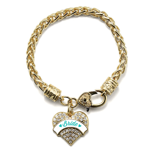 Gold Teal Bride Pave Heart Charm Braided Bracelet